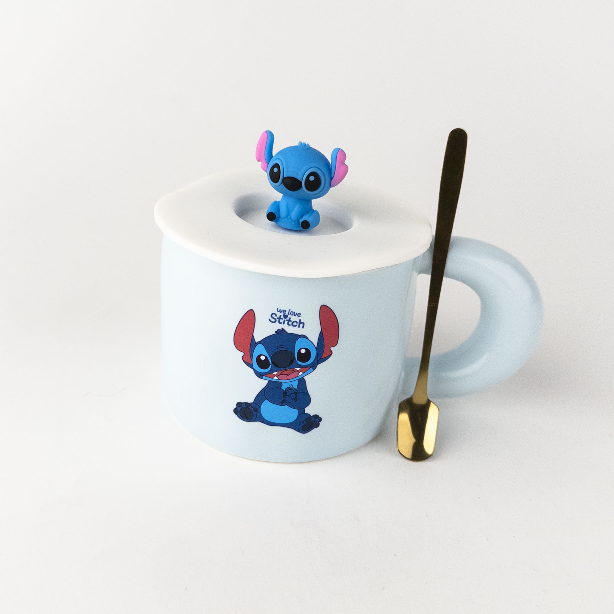 Cana ceramica Stitch cu capac si lingurita 330 ml