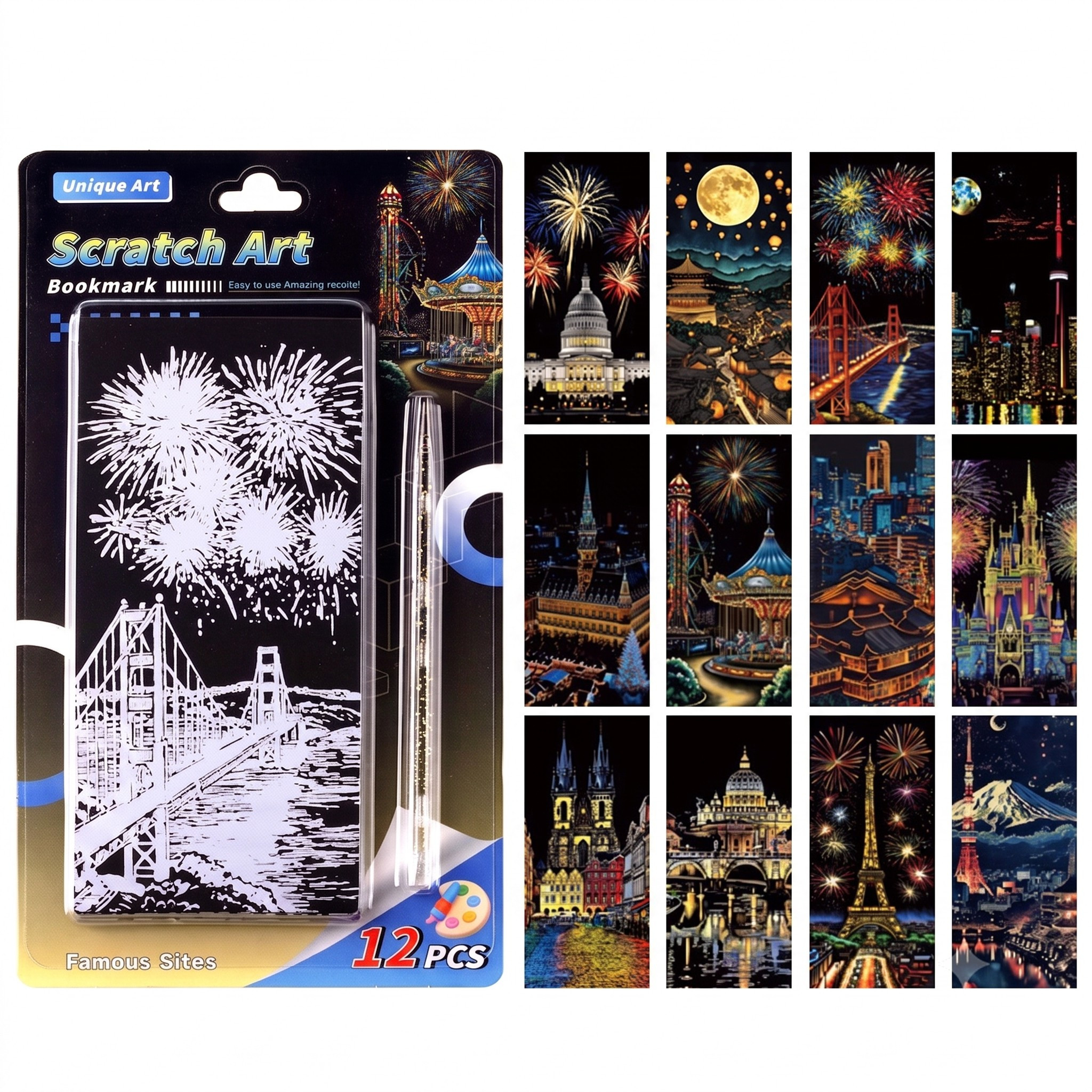 Semne de carte Scratch Art „Orașe” (set 12 buc.)