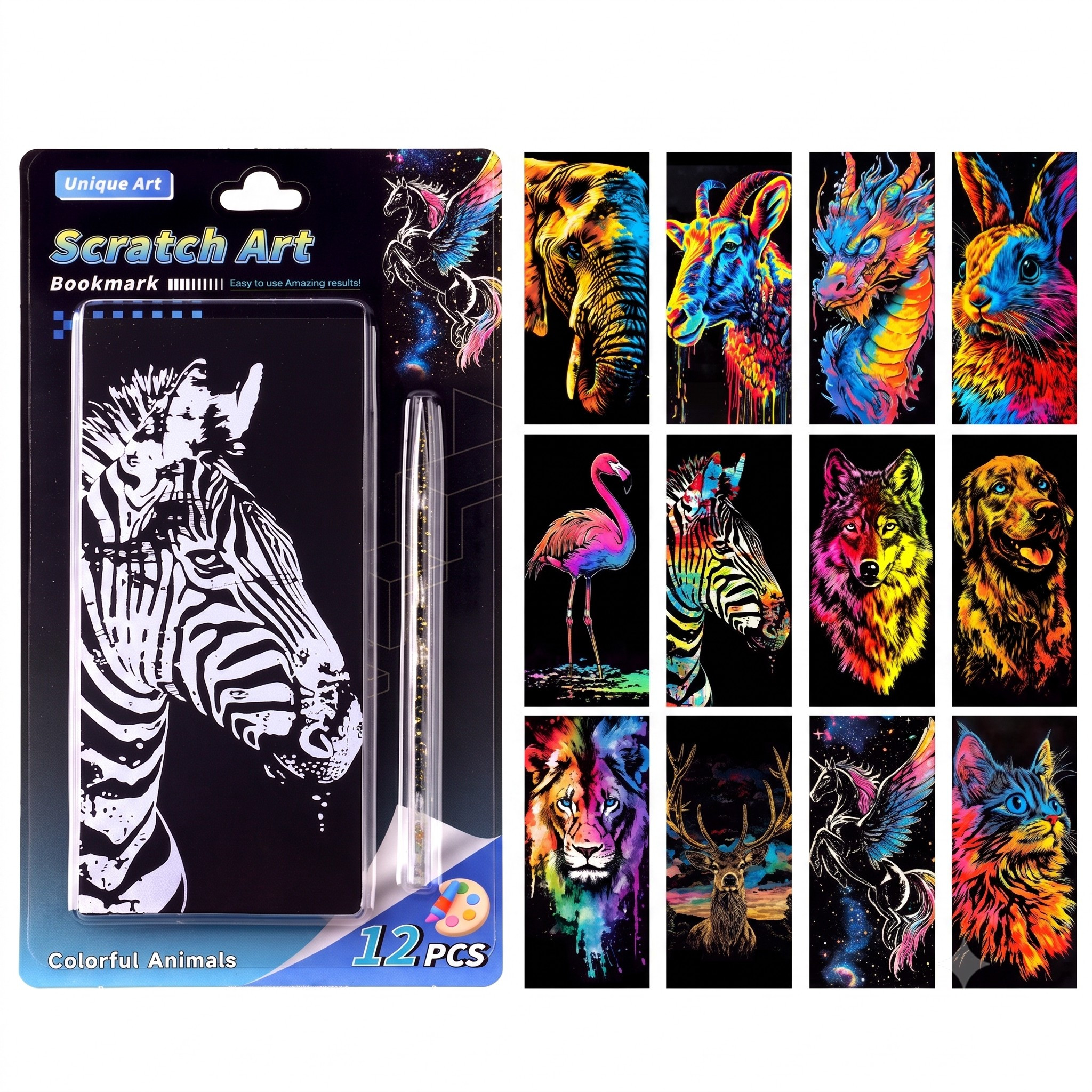 Semne de carte Scratch Art „Animale” (set 12 buc.)